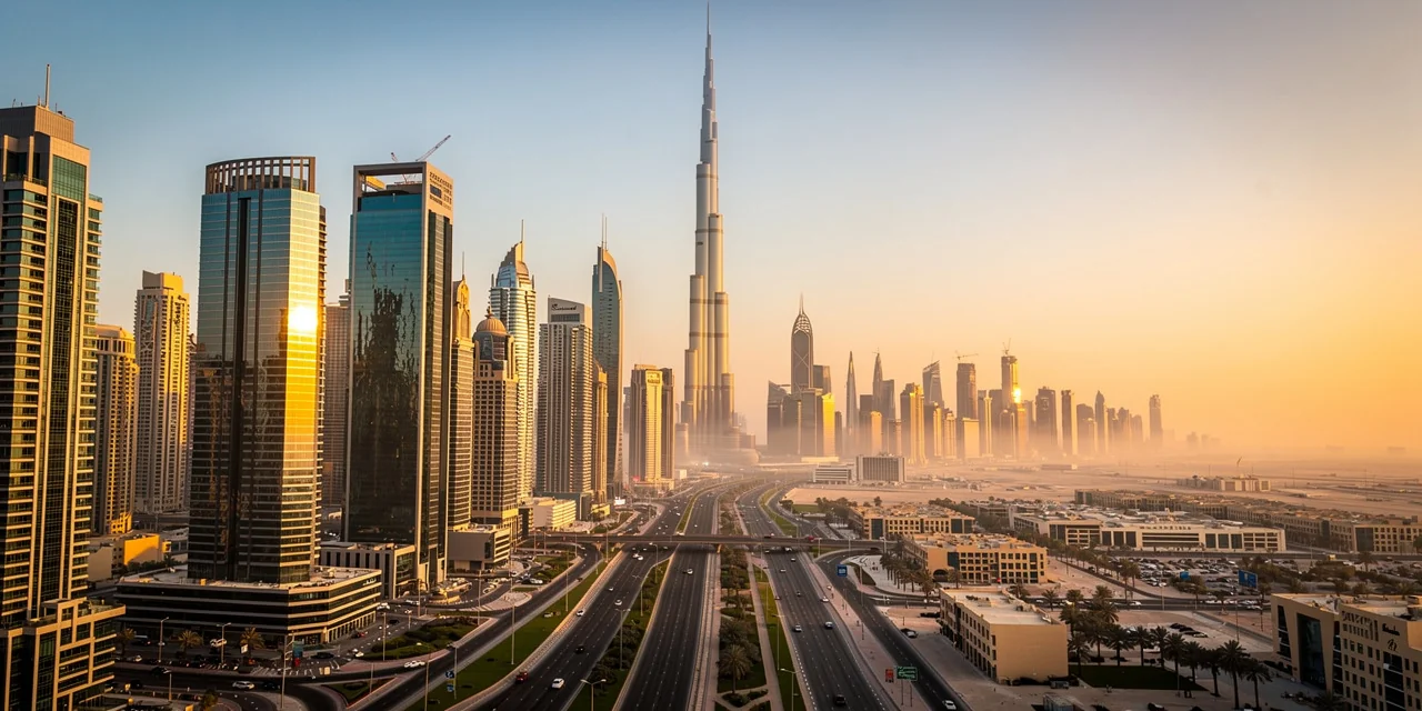 Gratte-ciels de Dubaï et quartier financier au coucher du soleil, illustrant la société offshore à Dubaï